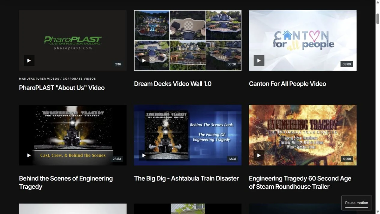 Beacon Productions: Grid of video project thumbnails and titles