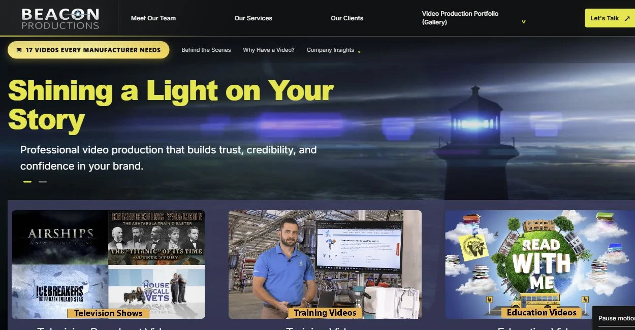 Beacon Productions: Video production homepage with a lighthouse and film thumbnails
