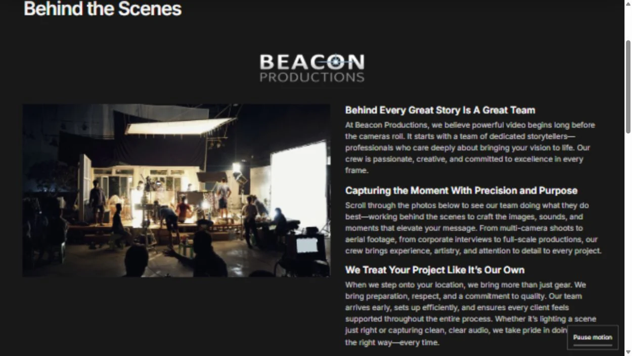 Beacon Productions: Production studio photograph beside behind-the-scenes text