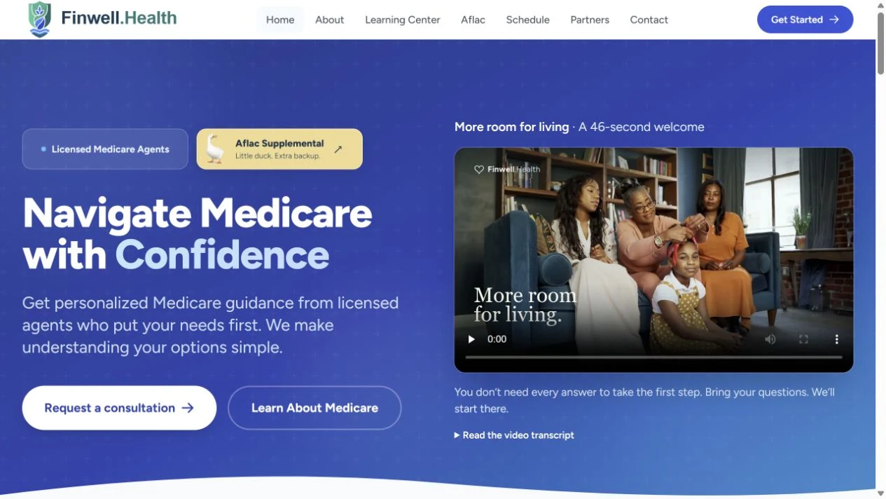 FinWell Health: Medicare guidance homepage with a welcome video and consultation links