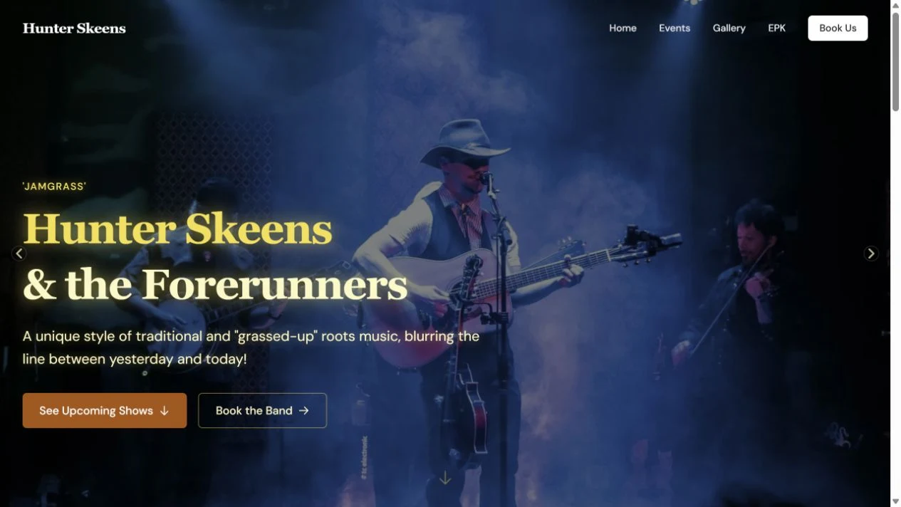 Hunter Skeens & the Forerunners: Band homepage with a guitarist on stage and links to shows and booking