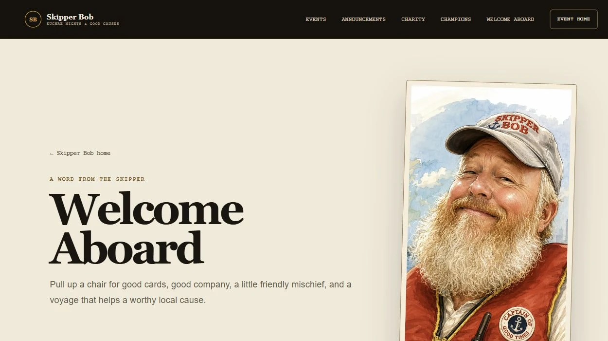 Skipper Bob: Colorful tournament welcome page