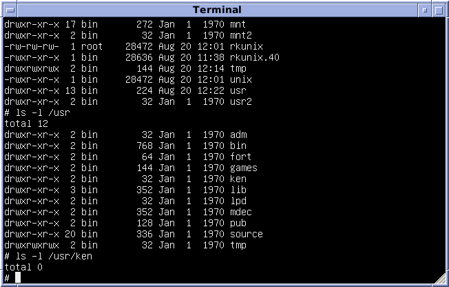 Version 6 Unix running in a PDP-11 simulator, showing the ken user directory